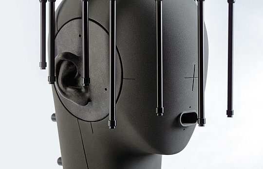 Close up of microphone array MSA I mounted on an artificial head 